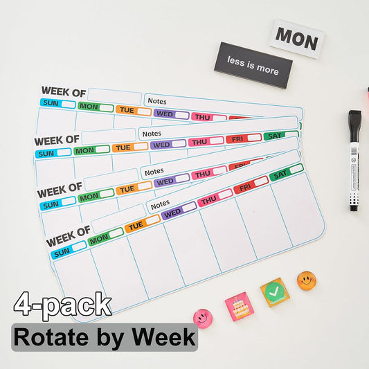4 pack weekly fridge calendar Magnet rotate by week,reusable rotating Dry Erase calendar Planner magnetic to keep track of work and school schedules,13.9 x 4.9 inch