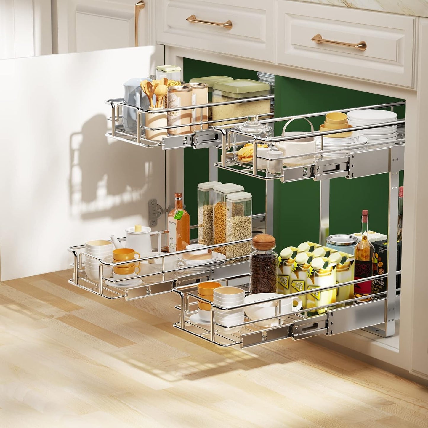 LOVMOR 2 Tier Individual Pull Out Cabinet Organizer 11" W x 18" D, Slide Out Kitchen Cabinet Storage Sliding Shelves