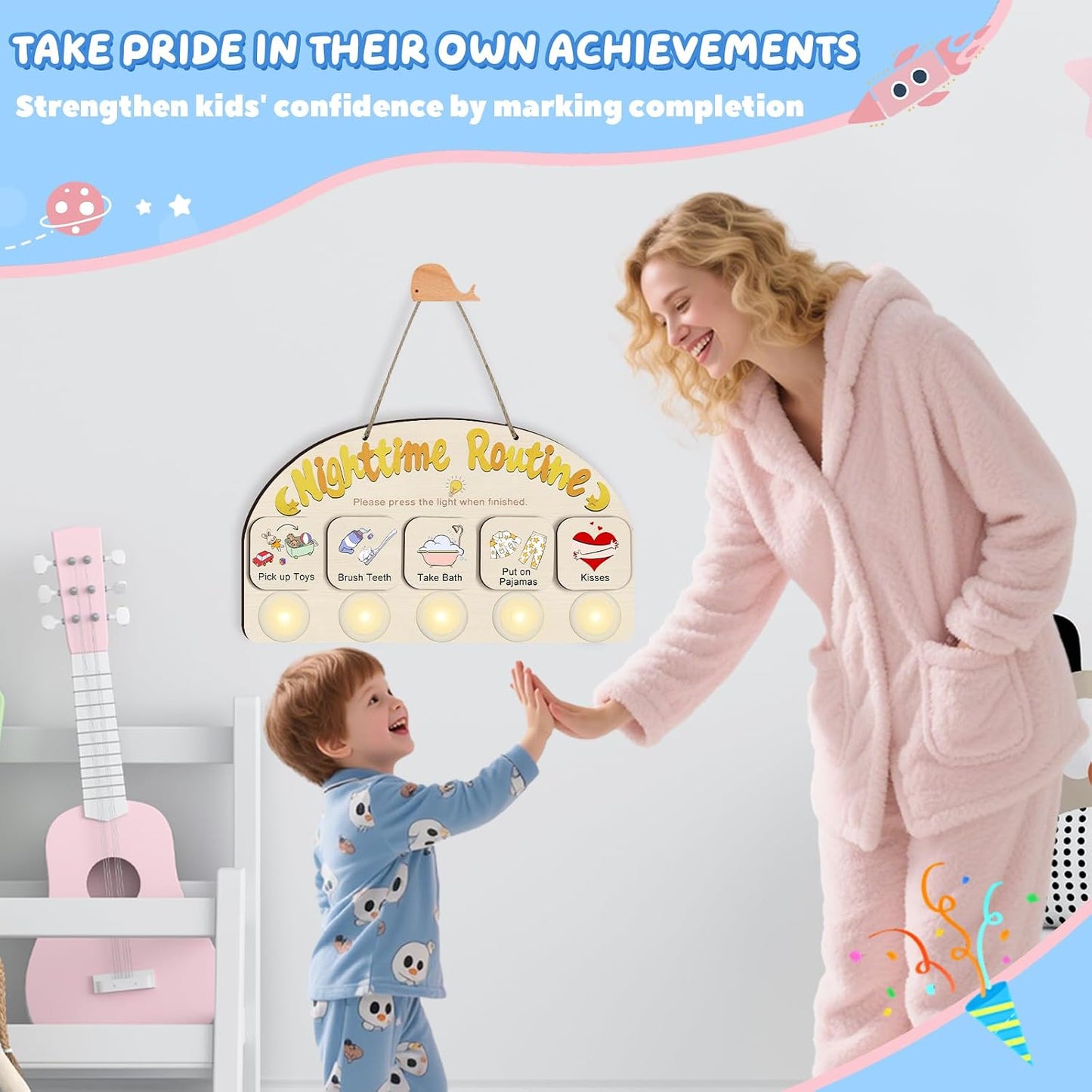 Upgraded Morning Routine Chart for Toddlers, Visual Schedule Chart | to Do List with 5 Tap Lights & 9 Activity Cards, Wooden Schedule Board for Kids, Preschoolers, Autism, ADHD Tools