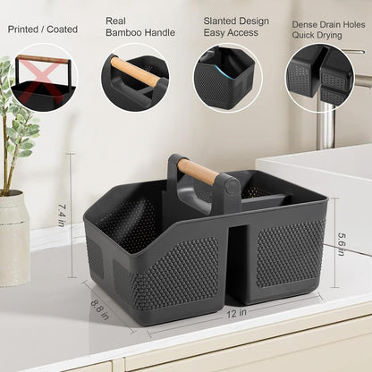 Plastic Shower Caddy Portable Shower Basket with Bamboo Handle, White | Cleaning Caddy Organizer Storage Tote for Bathroom, College Dorm Essentials, Bath Toy Storage