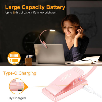 Gritin 9 LED Rechargeable Book Light for Reading in Bed | Eye Caring 3 Color Temps,Stepless Dimming Brightness,80 Hrs Runtime Small Lightweight Clip On Book Reading Light for Studying
