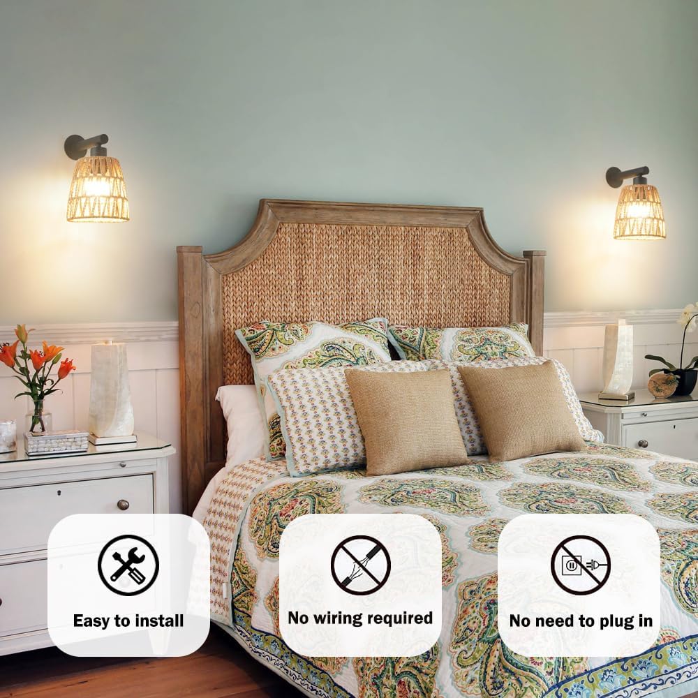 Boho Battery Operated Wall Sconces, Rattan Wall Sconce Set of 2 with Remote, RGB 15 Colors Dimmable Rechargeable Wall Light, Black Indoor Wireless Wall Lamp, Farmhouse Rattan Wall Lighting for Bedroom