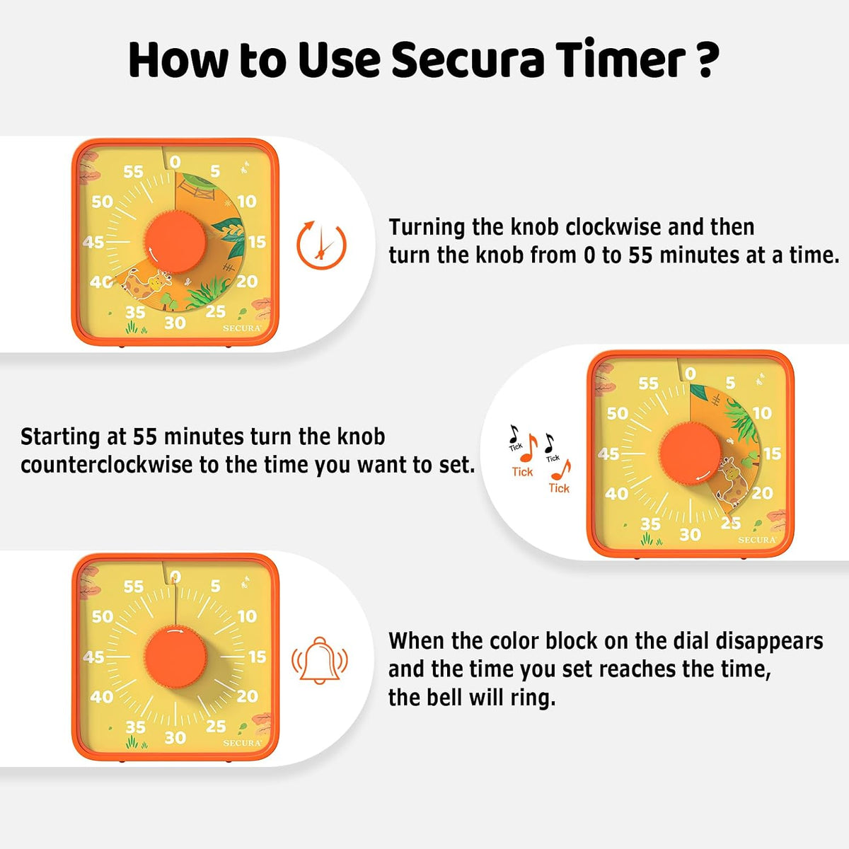 Secura 60-Minute Visual Countdown Timer, 7.5-Inch Oversize Classroom Visual Timer for Kids and Adults, Durable Mechanical Kitchen Timer Clock with Magnetic Backing (Dark Blue)