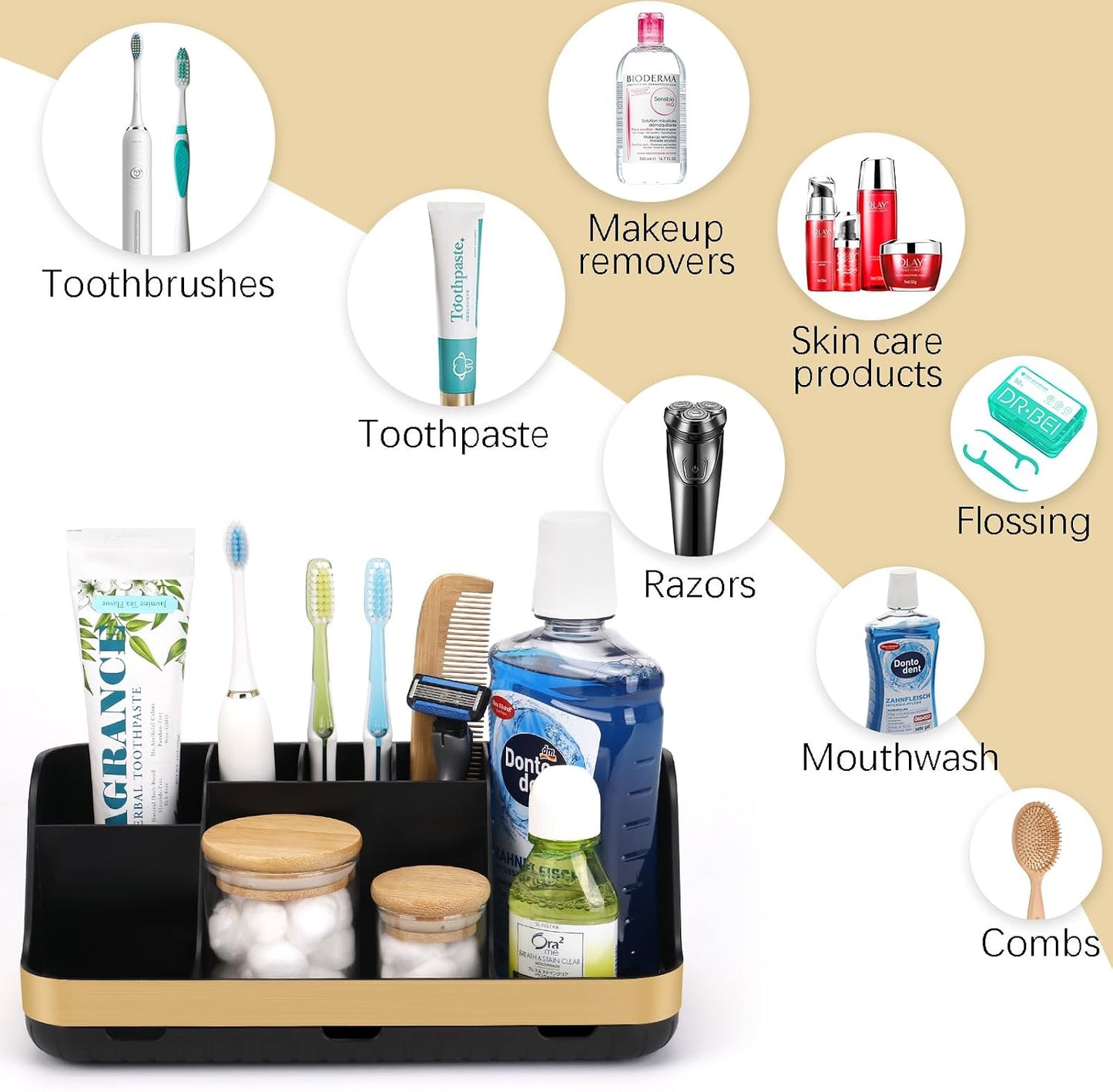 GFWARE Black Toothbrush Holder - 7 Slots Bathroom Organizer Countertop with Drainage Matte Black Electric Toothbrush and Toothpaste Holder for Bathroom Accessories Sink Storage