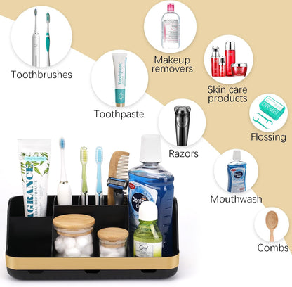 GFWARE Black Toothbrush Holder - 7 Slots Bathroom Organizer Countertop with Drainage Matte Black Electric Toothbrush and Toothpaste Holder for Bathroom Accessories Sink Storage