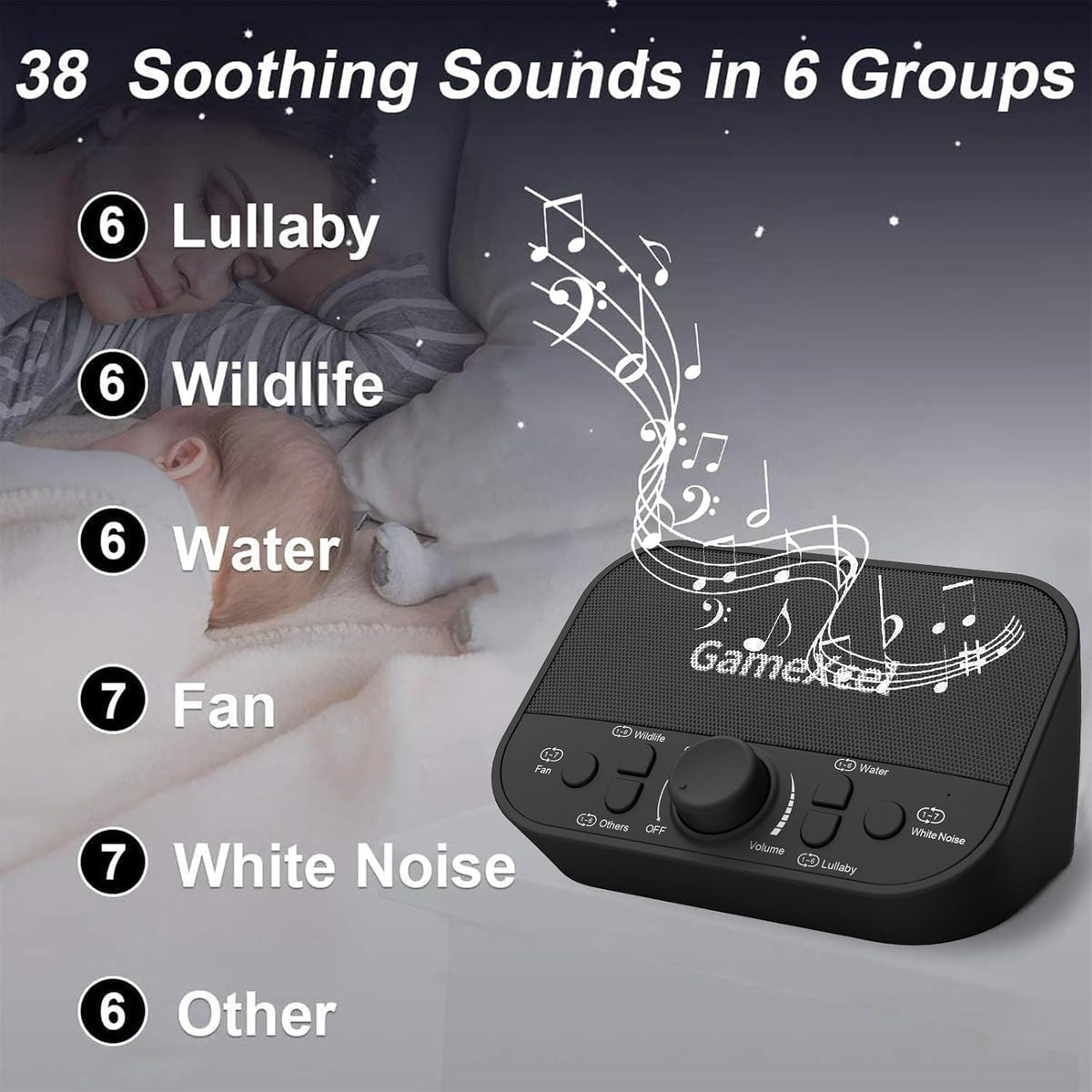 GameXcel White Noise Sound Machine for Sleep - 38 Soothing Therapy Sounds