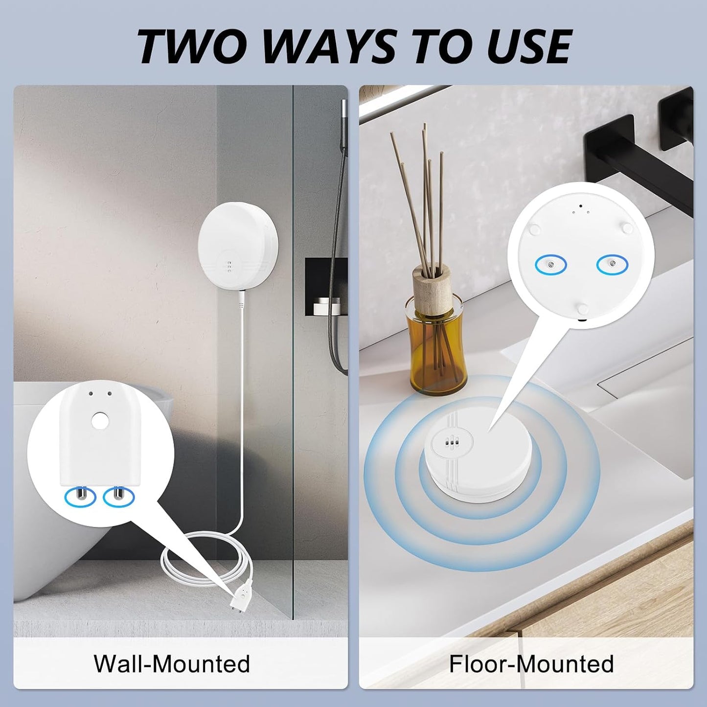 2 Pack Water Leak Detector, 135 dB Water Sensor Alarm, Floor&Wall Mounted | 47 inch Extend Cable, Battery Included Water Alarm Leak Detector, Sensor Flood Alert for Kitchen, Bathroom, Laundry Room