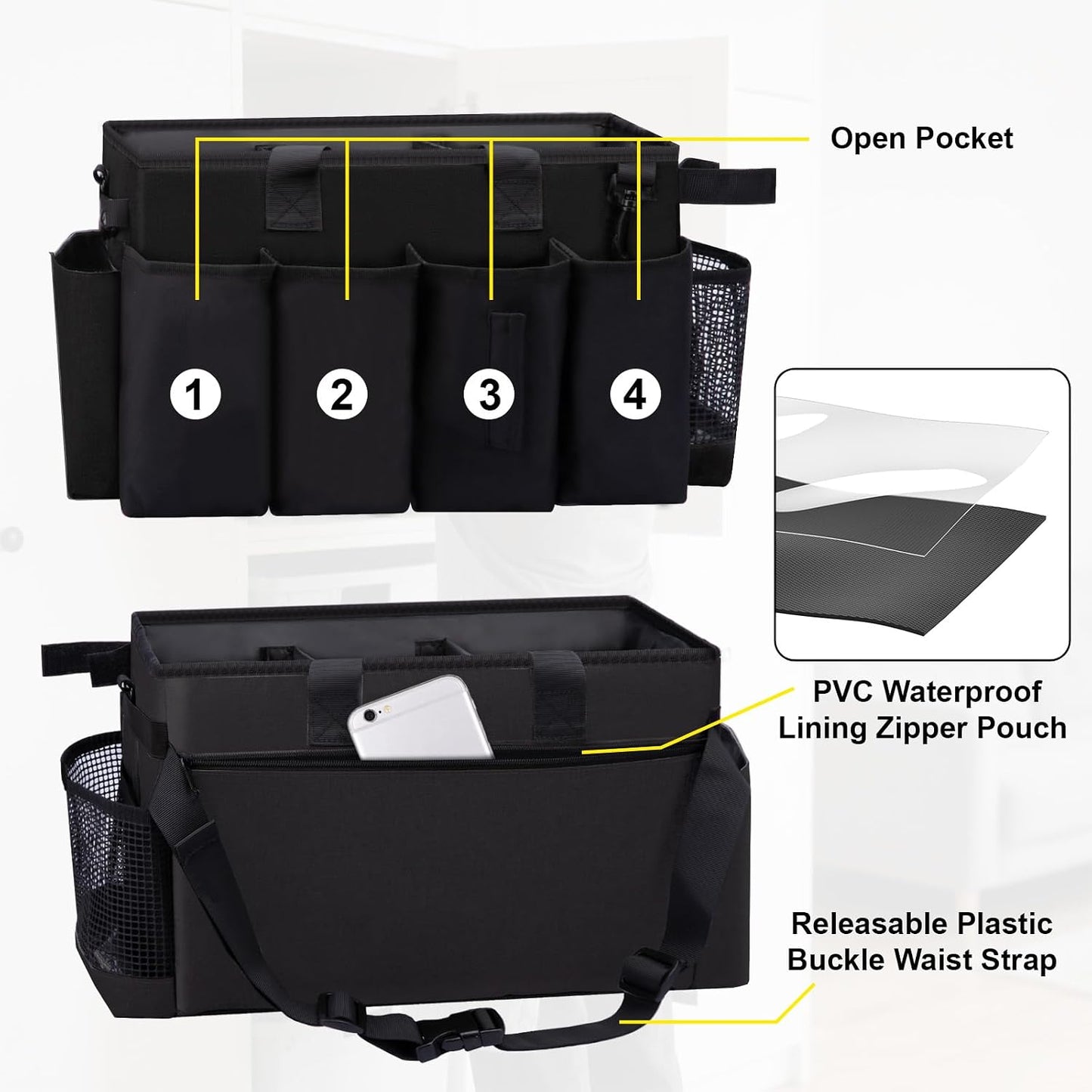 Wearable Large Cleaning Caddy Bag for Housekeepers (Black&Gray) | Cleaning Supplies Organizer with Adjustable Shoulder, Waist & Handle Straps, Detailing Bag for Kitchen Supplies