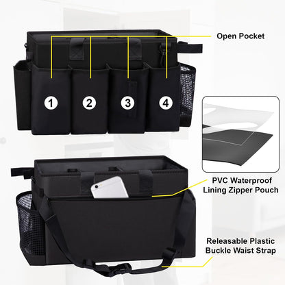 Wearable Large Cleaning Caddy Bag for Housekeepers (Black&Gray) | Cleaning Supplies Organizer with Adjustable Shoulder, Waist & Handle Straps, Detailing Bag for Kitchen Supplies