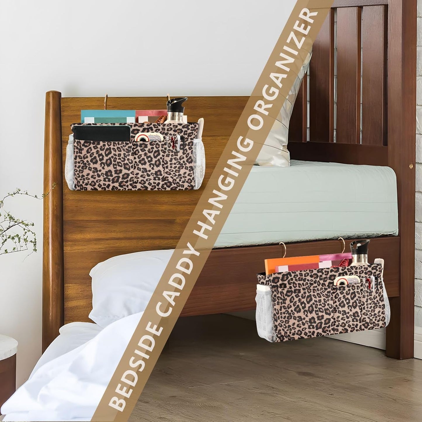 Bedside Caddy Hanging Bunk Bed Caddy Bed Organizer Hanging Pocket with 2 Hooks Bedside Storage Organizer Pocket Bag Holder Checkered Light Green - Colors B