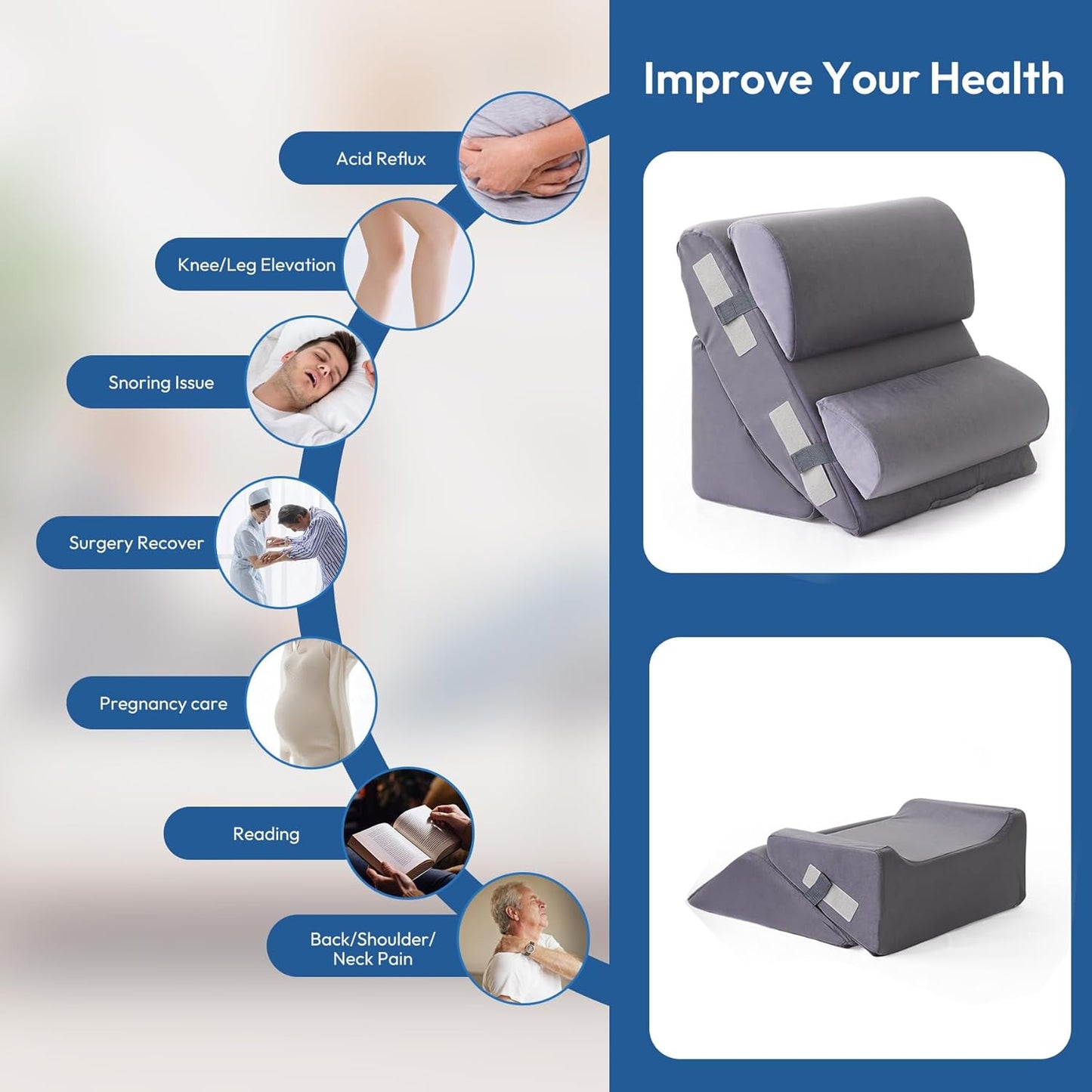 Ahpmeoa 6PCS Wedge Pillow Set for After Surgery, Back Pillow for Bed Sitting Up, Orthopedic Bed Wedge for Body, Leg Pain Relief, Memory Foam Pillow for Post Surgery, Sleeping, Acid Reflux, Plush Grey