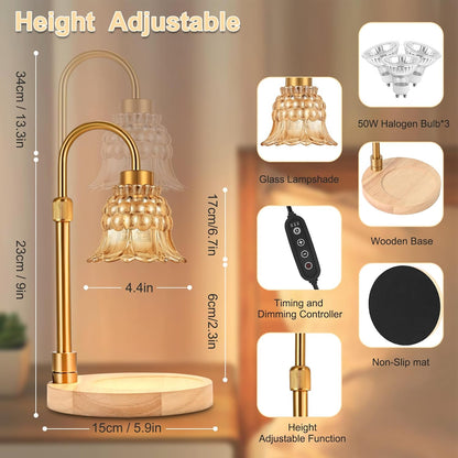 Candle Warmer Lamp with Timer & 3 Bulbs, Dimmable Electric CandleLight Adjustable Height and Brightness Candle Wax Warmer for Jar Candles Bedroom Home Decor House Warming Gift for Women (Round Gold)