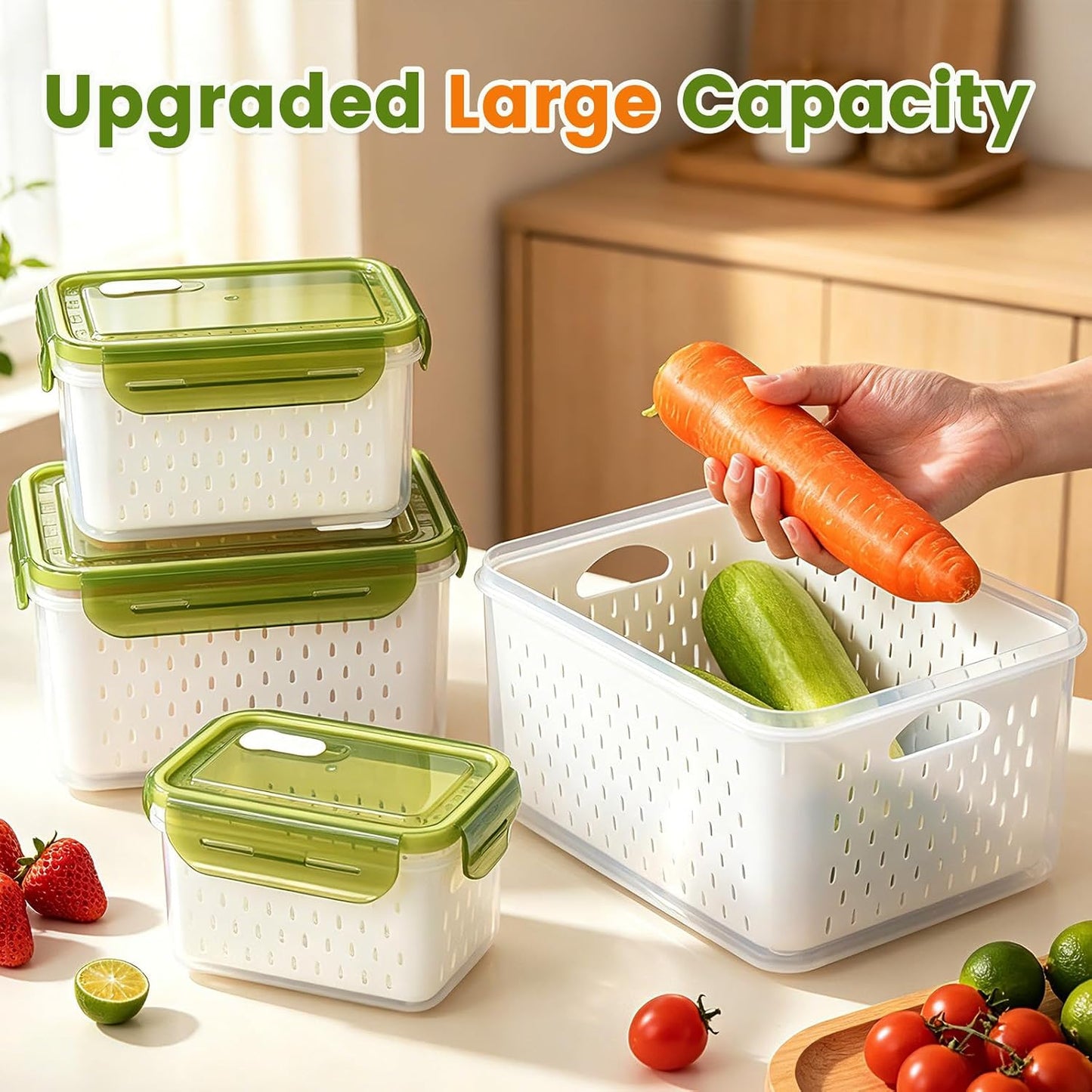 TBMax Fruit Storage Containers for Fridge Organizers and Storage, 4 Pack Large Produce Saver with Airtight Lid & Colander for Berry Lettuce Salad Vegetable Storage, Refrigerator Organizers