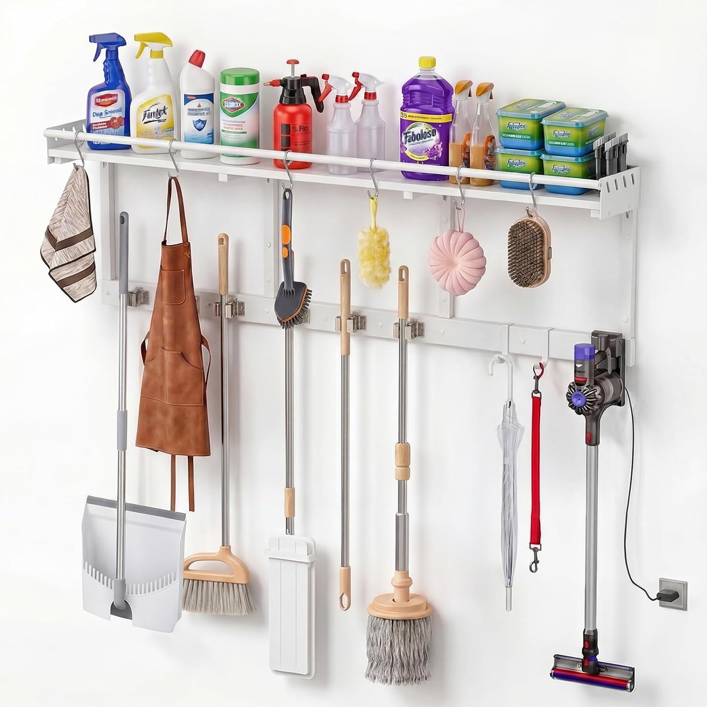 Broom Holder Wall Mount with Shelf, Black, L | 3 in 1 Broom and Mop Organizer, Wall Hanging, For Laundry, Garage, Utility, Vacuum Stand Alternative