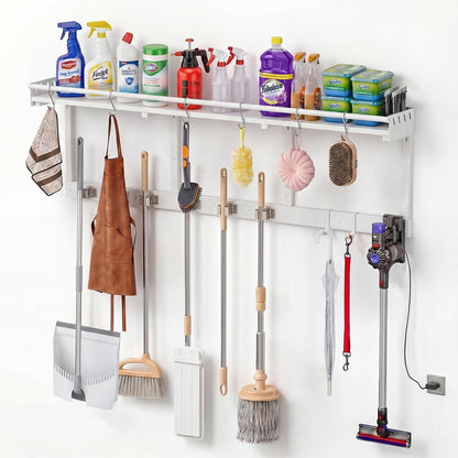 Broom Holder Wall Mount with Shelf, Black, L | 3 in 1 Broom and Mop Organizer, Wall Hanging, For Laundry, Garage, Utility, Vacuum Stand Alternative