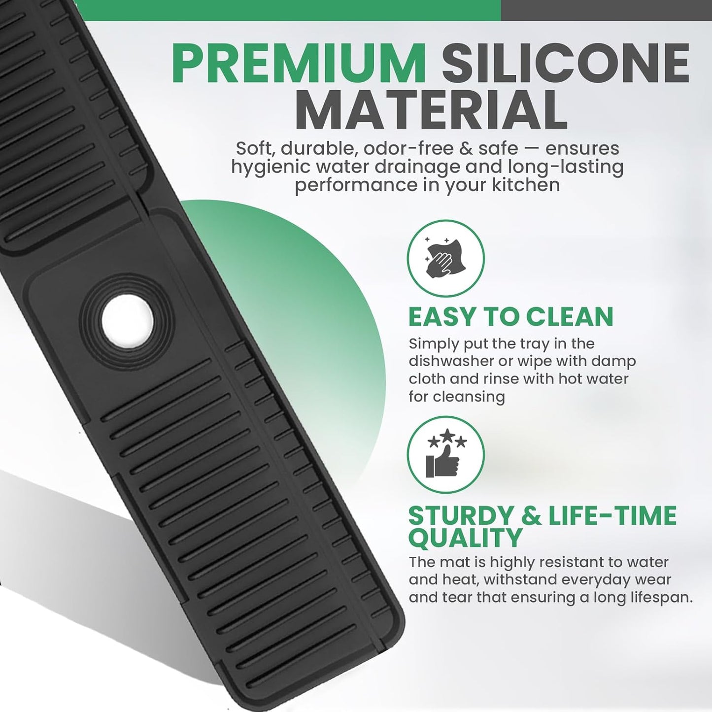 No More Wet Counters - Kitchen Sink Faucet Mat, 24” Silicone, Black