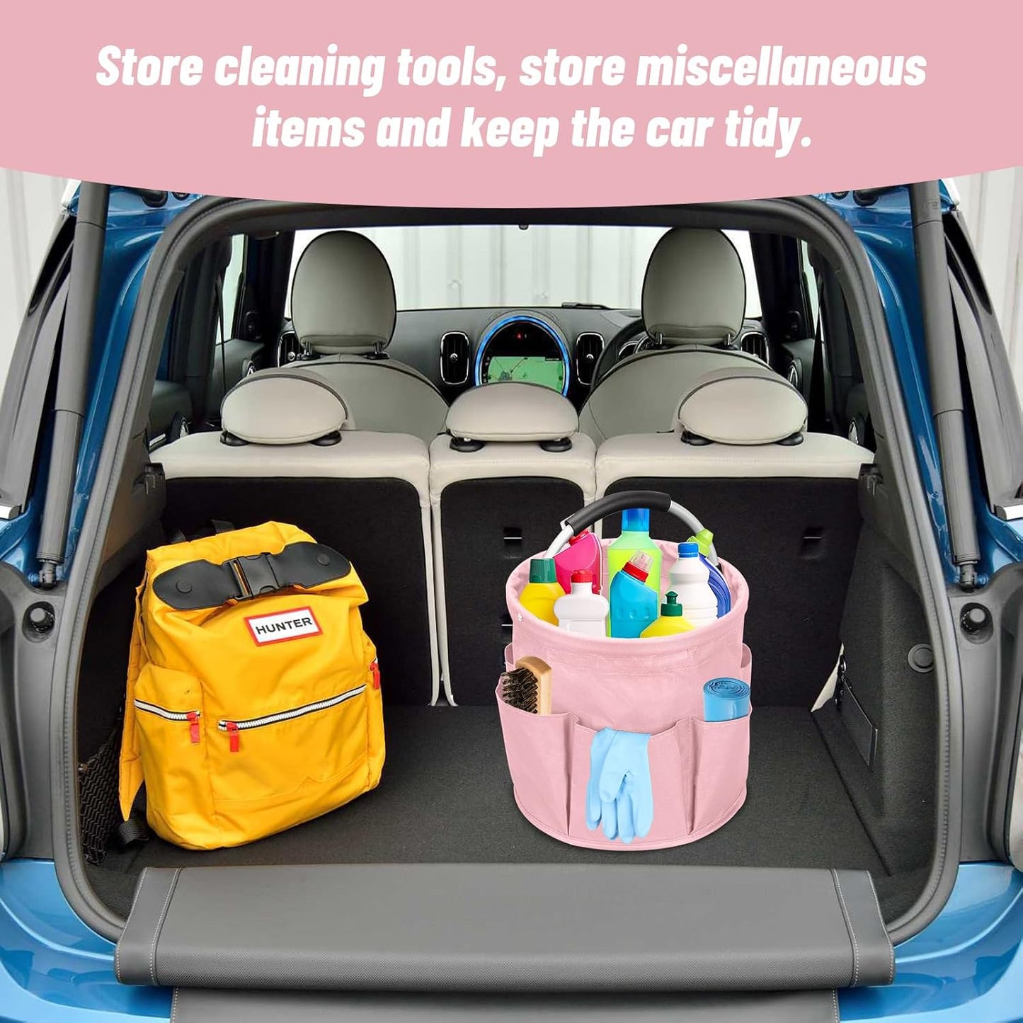 Qivine 17L Cleaning Caddy with Handle, Foldable Cleaning Supply Caddy(Blue) | Cleaning Caddy for Cleaning Supplies, Portable Cleaning Supplies Organizer with 6 Pockets, Cleaning Bucket for Kitchen Garden