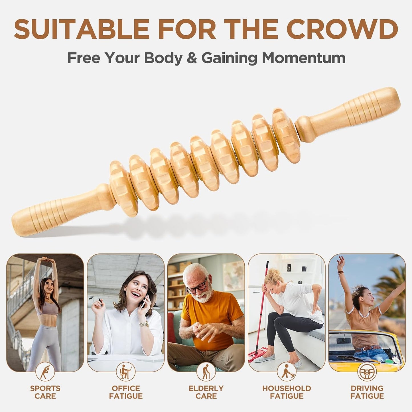 Wooden Cellulite Massage Roller for Legs and Thighs - Handheld Fascia Blaster Tool for Muscle Relief, Lymphatic Drainage & Body Sculpting - Anti Cellulite Massager for Women and Men (12 Wheel)