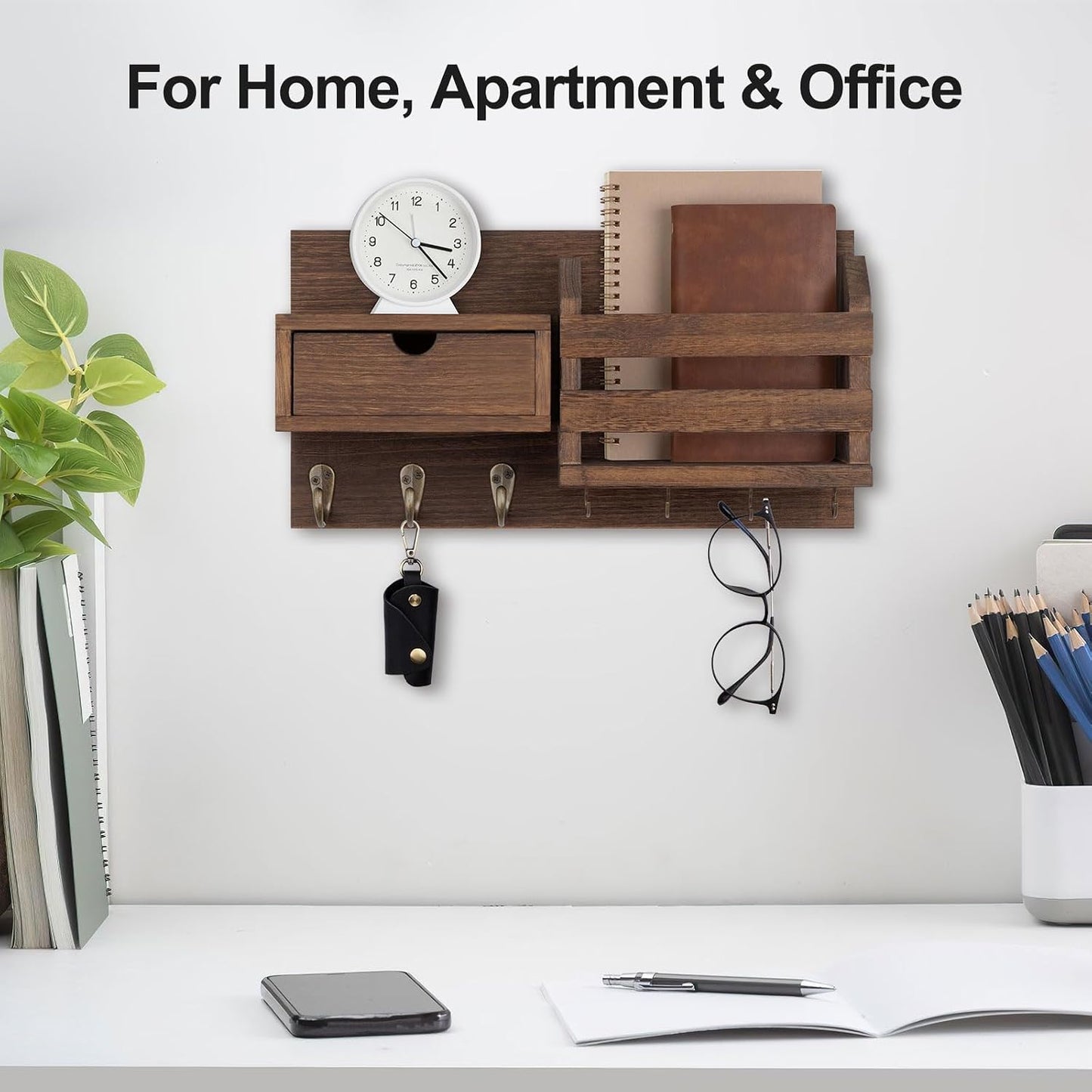 Lwenki Wall Mount Key Holder with Mail Organizer, 100% Paulownia Wood, 7 Metal Hooks, Storage Drawer, Entryway Home Decor (Brown)