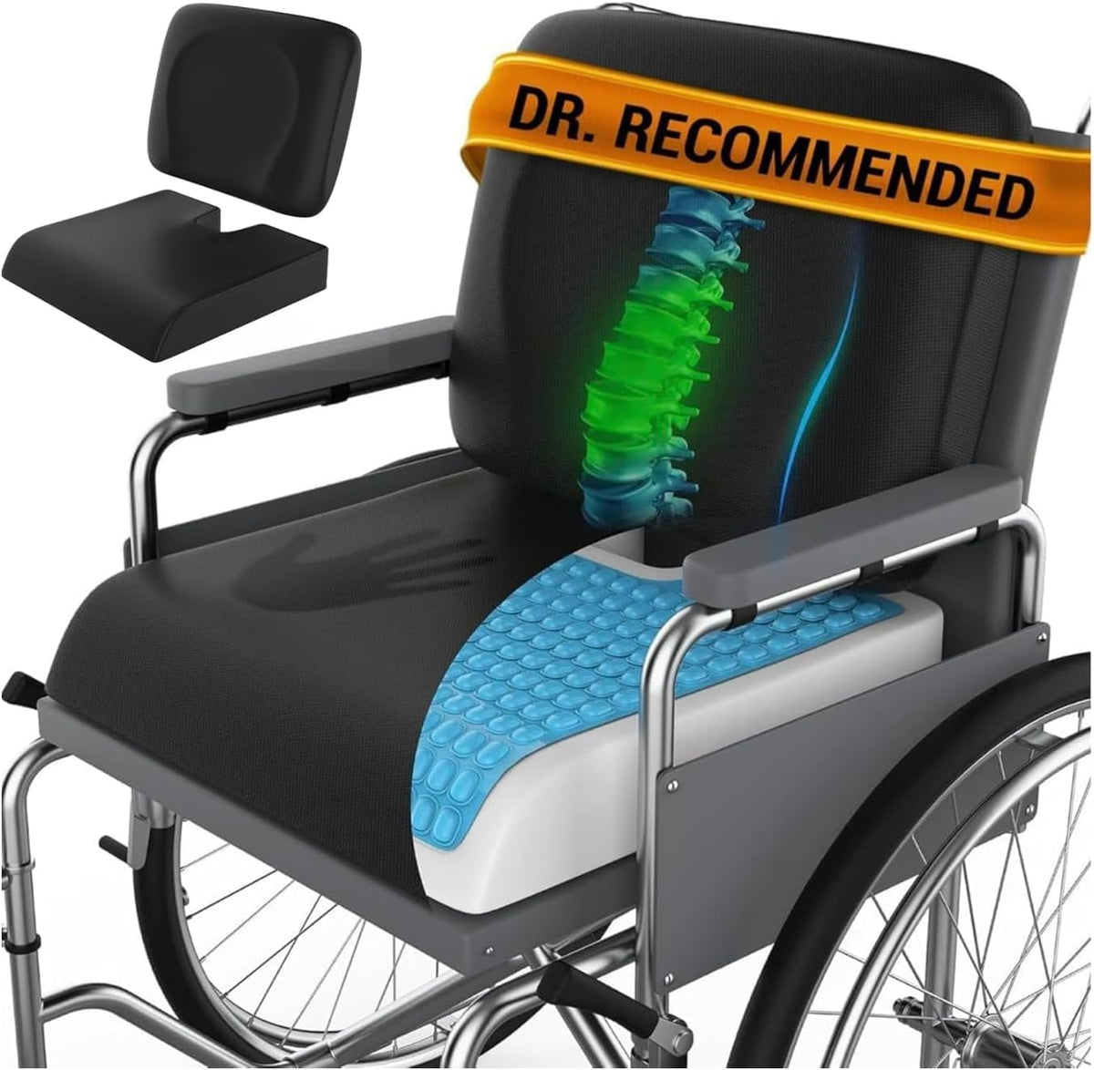Wheelchair Cushion for Pressure Relief - (4-Piece Set) 18”x16” Anti-Slip Wheelchair Seat Cushions, Lumbar Pillow and Wheelchair Armrest Pads for Adults, Seniors, Wheelchair Accessories