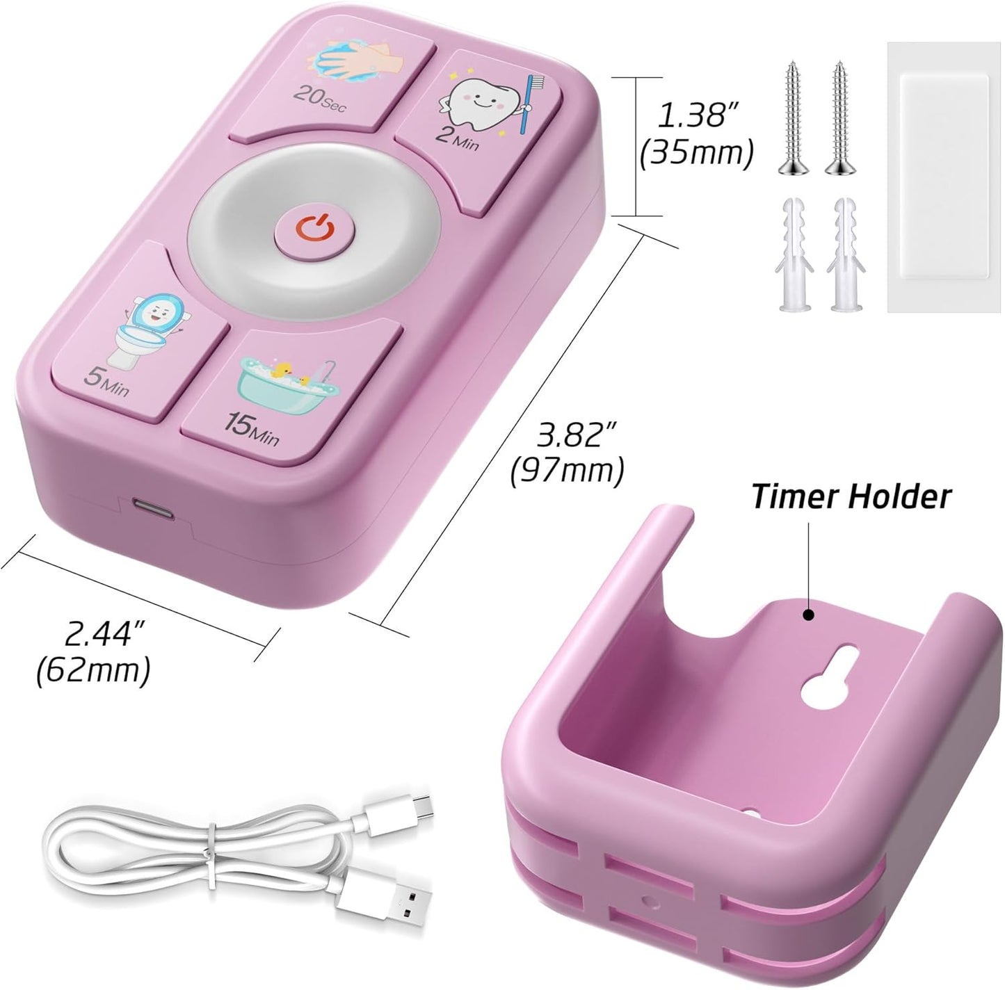 Kids Timer for Tooth Brushing, Washing, Toilet & Shower Pink | 4-in-1 Multi-Function Timer | Time Management Tool | USB-C Rechargeable | Gift for Home Learning | One-Touch Preset Buttons
