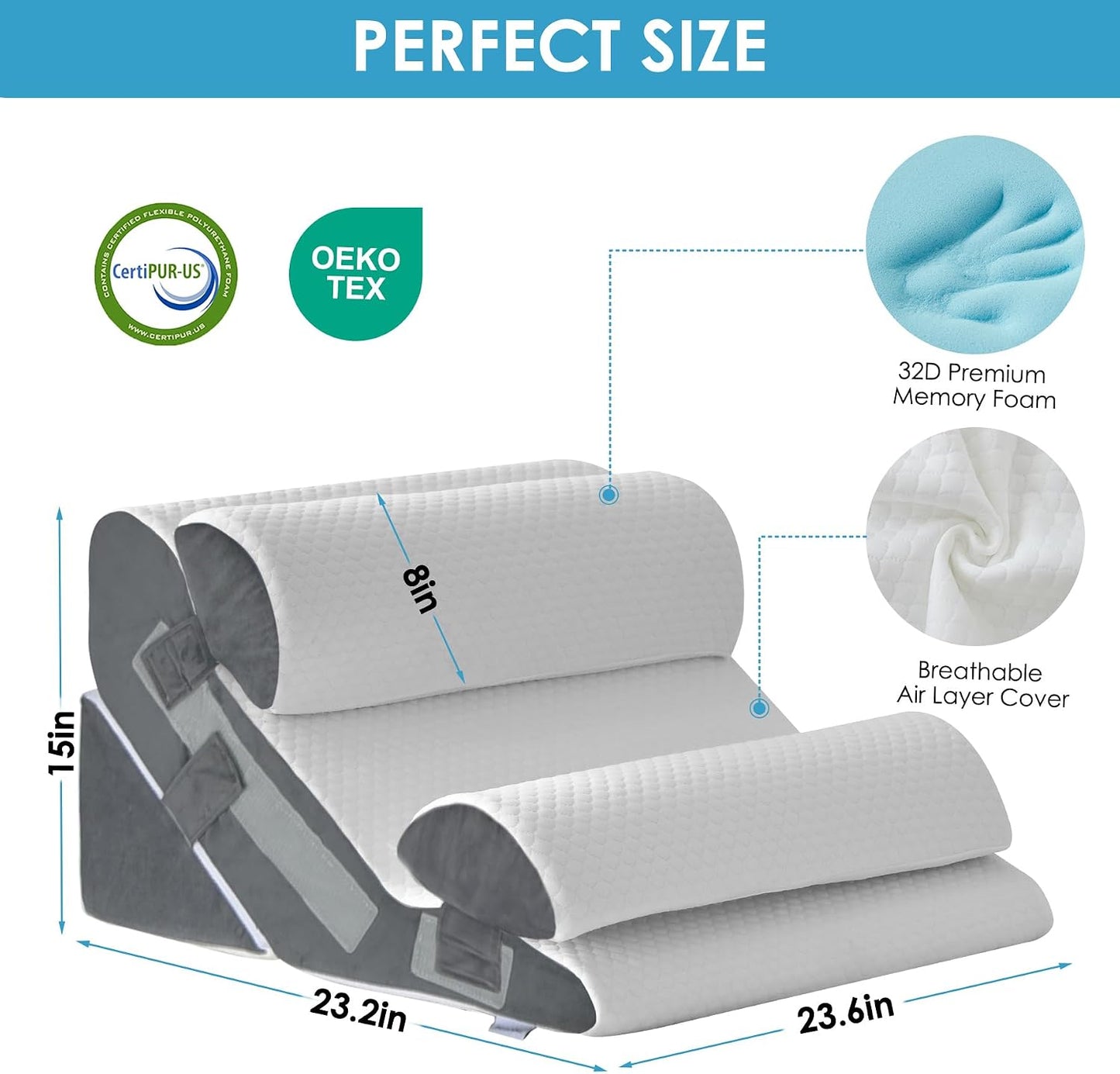 MEGCXIT 3PCS Bed Wedge Pillow for Headboard, Adjustable Wedge Pillow for Sleep Apnea, 23” Wide Triangle Pillow Wedge Set for After Surgery, Acid Reflux Relief, Snoring, Neck&Back Support, White/Grey