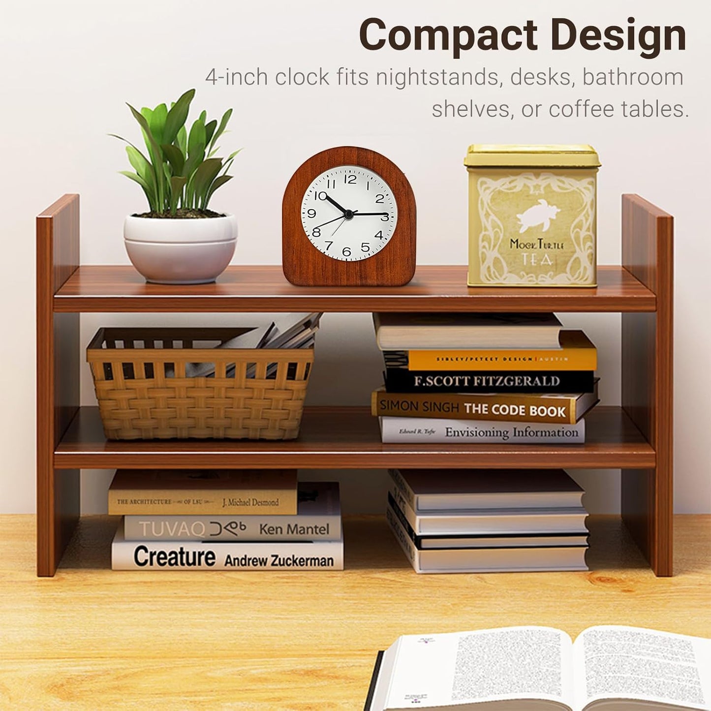 Vintage Solid Wood Analog Alarm Clock, Battery-Operated Alarm Clocks with Non-Disruptive Night Light, Non-Ticking Alarm Clock with Snooze Button and Soft Alarm Tone. (Dark Brown)