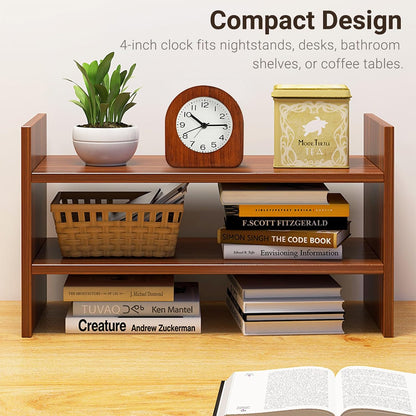 Vintage Solid Wood Analog Alarm Clock, Battery-Operated Alarm Clocks with Non-Disruptive Night Light, Non-Ticking Alarm Clock with Snooze Button and Soft Alarm Tone. (Dark Brown)