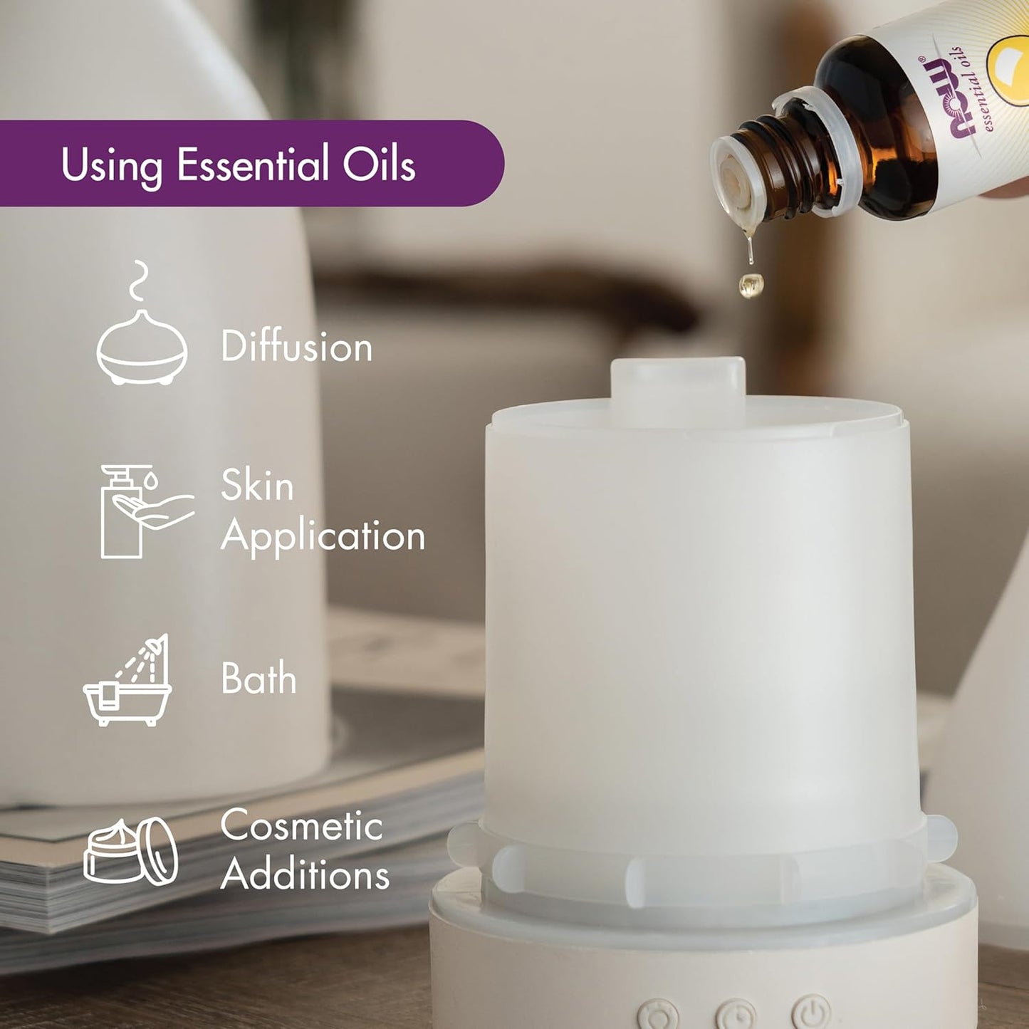 NOW Essential Oils, Ultrasonic Real Bamboo Aromatherapy Oil Diffuser, Extremely Quiet, Heat Free and Easy to Clean, Color Changing LED Diffuser
