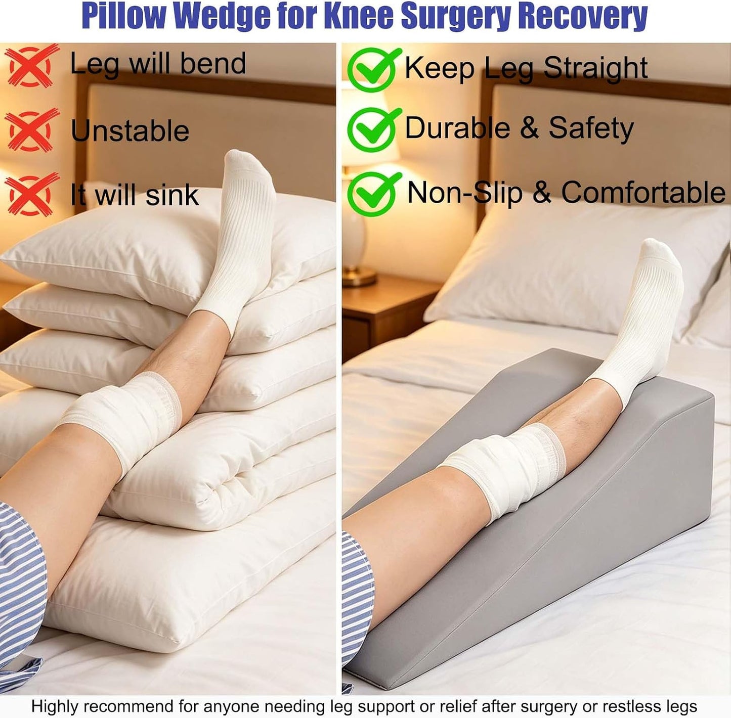 Knee Surgery Pillow Straight Leg Pillow Elevation Blood Circulation | Cooling Cover Foam Wedge for Elevating Leg Machine Washable Removable| Knee Wedge Pillow Post Surgery