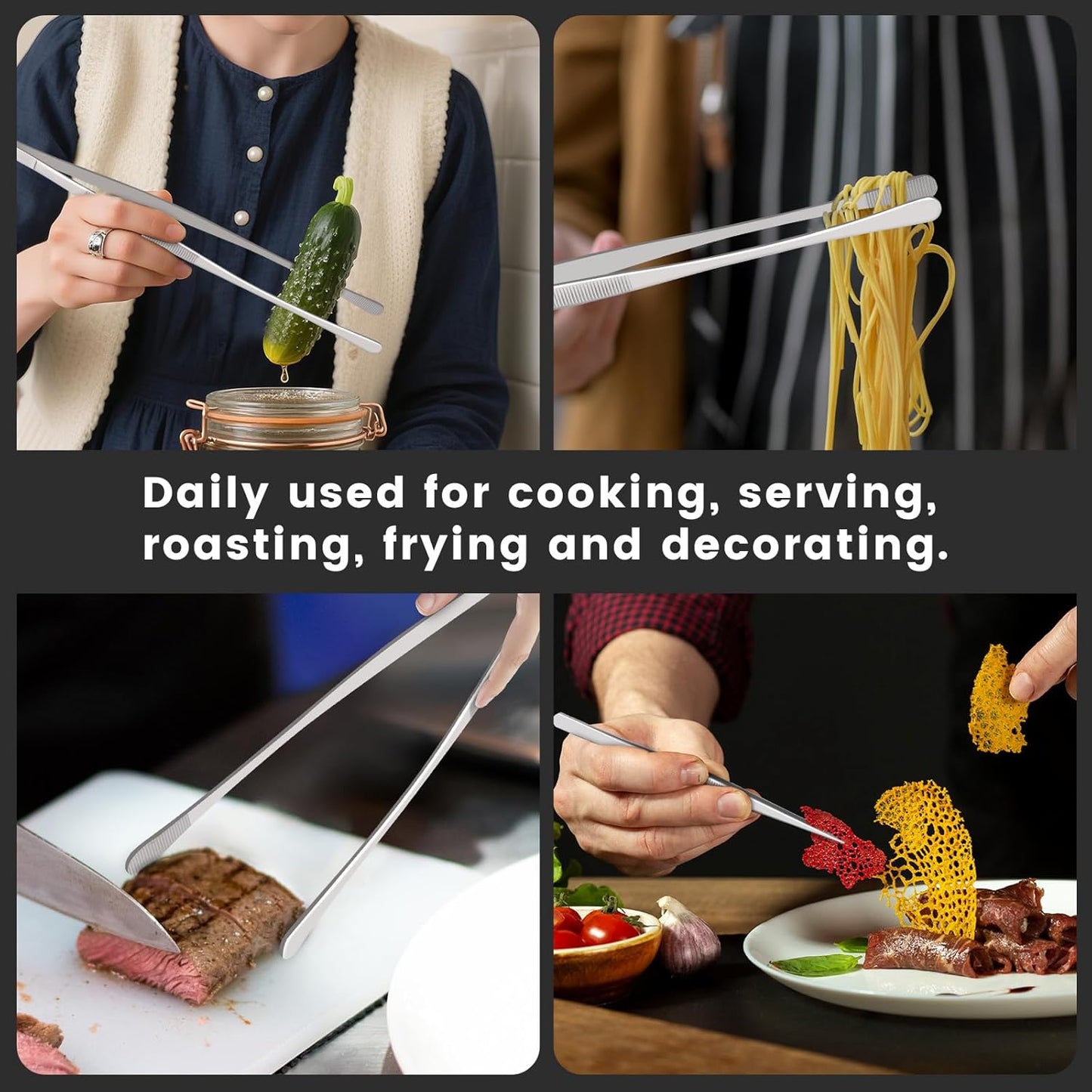 HOTEC Kitchen Tweezers Tongs Stainless Steel, Set of 6 - Professional Cooking Tweezers for Cooking, Chefs, BBQ, Seafood, Baking & Repair