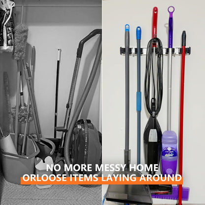 reliahom Broom Holder Wall Mount Mop Hanger Tools organizer 5Racks 4Hooks | Adjustable Mop Broom Wall Hanging Heavy duty Tools Storage Rack Space-saving for Garage,Kitchen,Laundry Room,Garden, Silver
