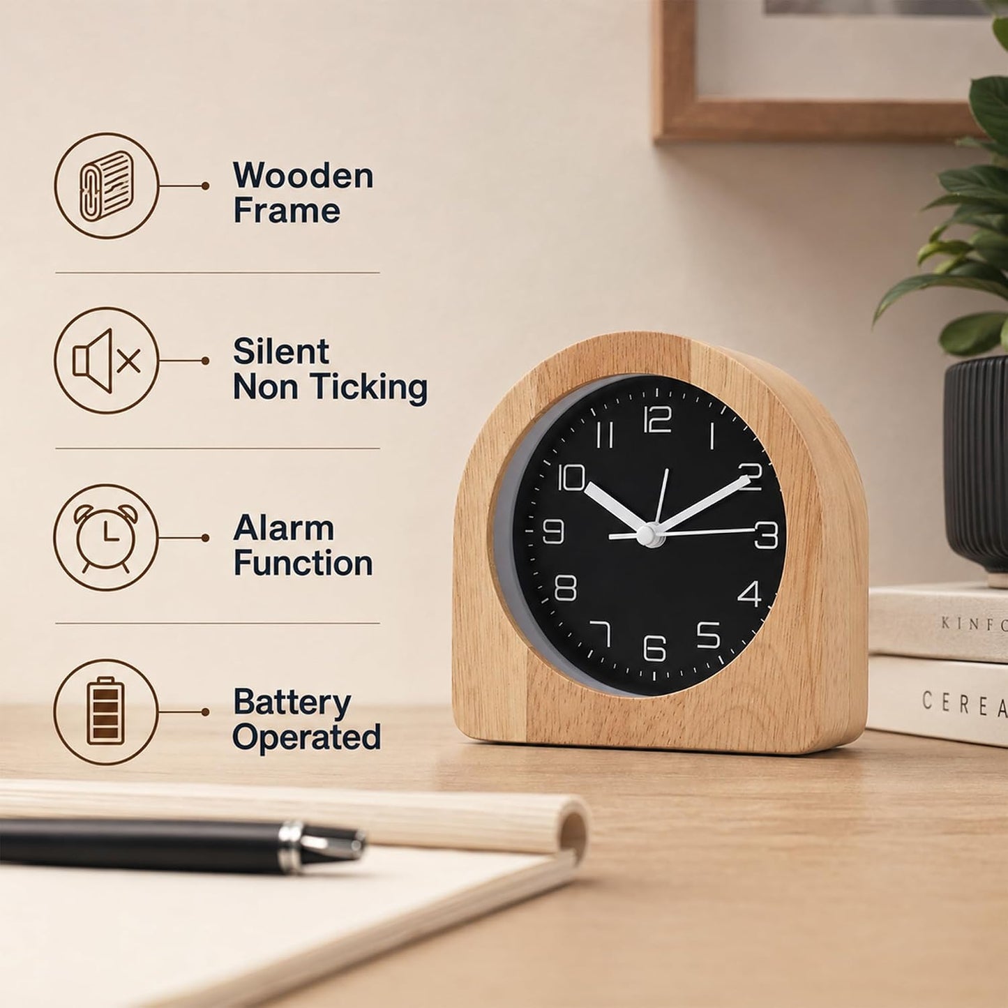 Analog Alarm Clock 5" Silent Non-Ticking Small Solid Wood Desk Clocks Battery Operated Simple Style Retro Table Clock for Office/Bedroom/Kitchen/School/Bedside/Shelf (Light Wood, Arch)