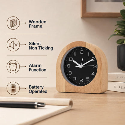 Analog Alarm Clock 5" Silent Non-Ticking Small Solid Wood Desk Clocks Battery Operated Simple Style Retro Table Clock for Office/Bedroom/Kitchen/School/Bedside/Shelf (Light Wood, Arch)