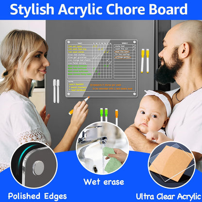 PigPotParty Acrylic Magnetic Chore Chart for Kids, 12x9.5 Inch, 2 Pack | Sleek Clear Acrylic Design, Reward System Builds Habits, Built-In Magnets Require No Installation, 8 Wet-Erase Markers