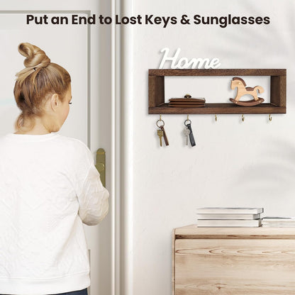 Lwenki Wall Shelf with Hooks - Decorative Key and Wallet Holder for Wall Holds Sunglasses, Leashes, Scarves and Lanyards - 15.7" x 5.1" x 2.9" Entryway Organizer Made of Paulownia Wood (White)