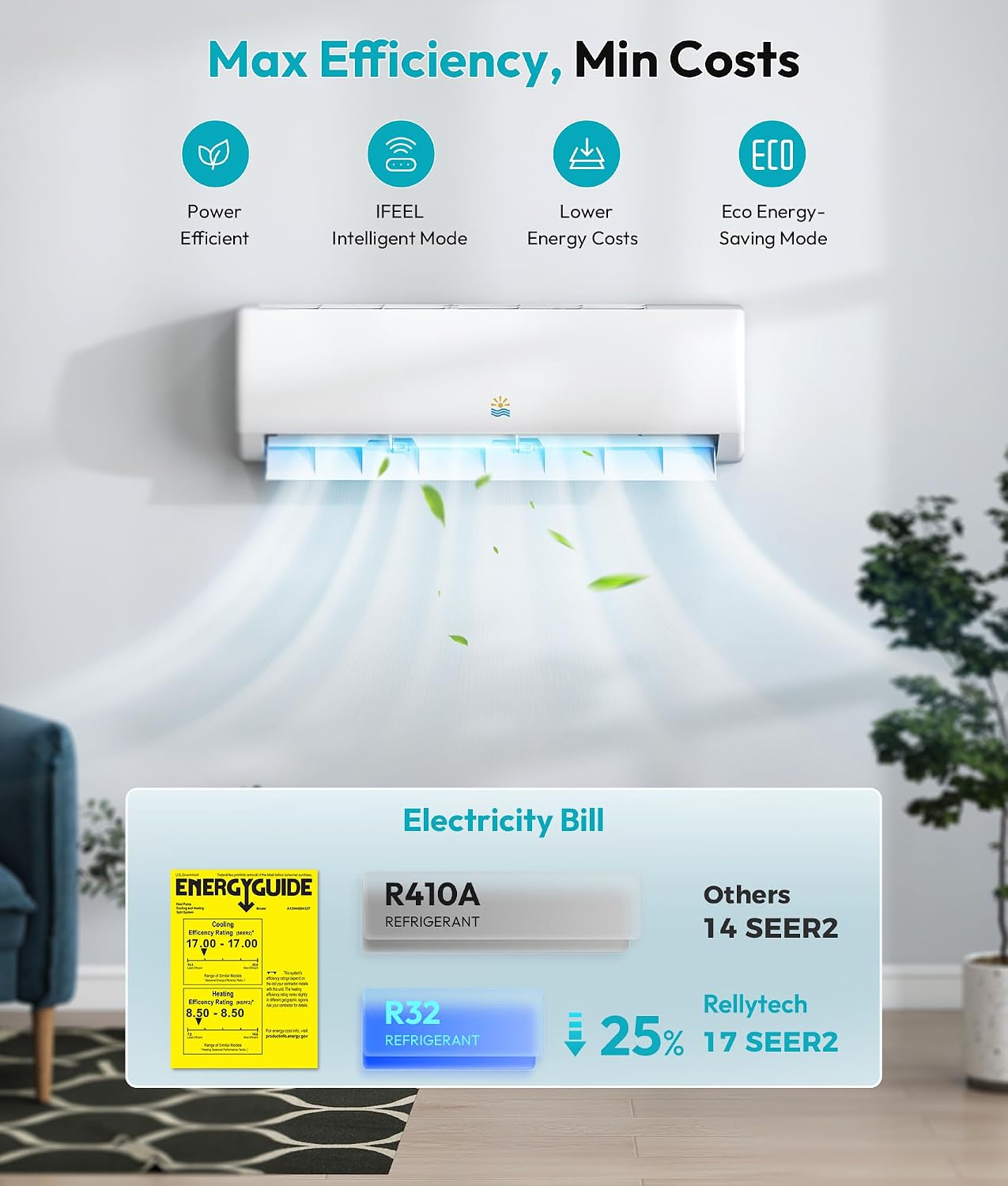 Rellytech Mini Split AC/Heating System - 9000 BTU Mini Split AC Inverter Heating and Cooling, 19 SEER2 115V/110V Energy Efficient Ductless Air Conditioner Up to 550sq.ft, Pre-charged System
