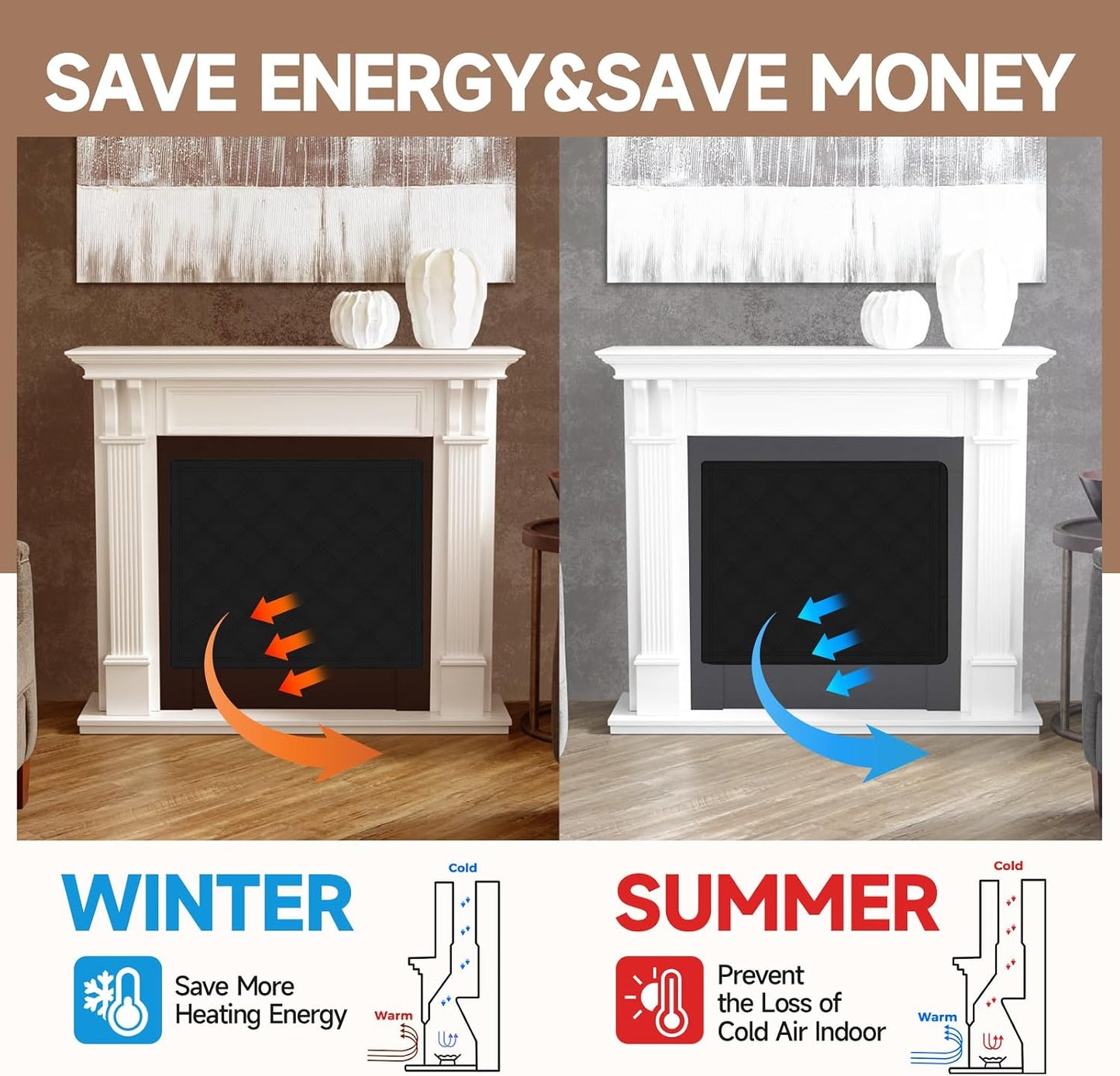 TORRAMI 36" x 28" Magnetic Fireplace Blocker Blanket Cover with Hook and Loop Tapes Save Energy