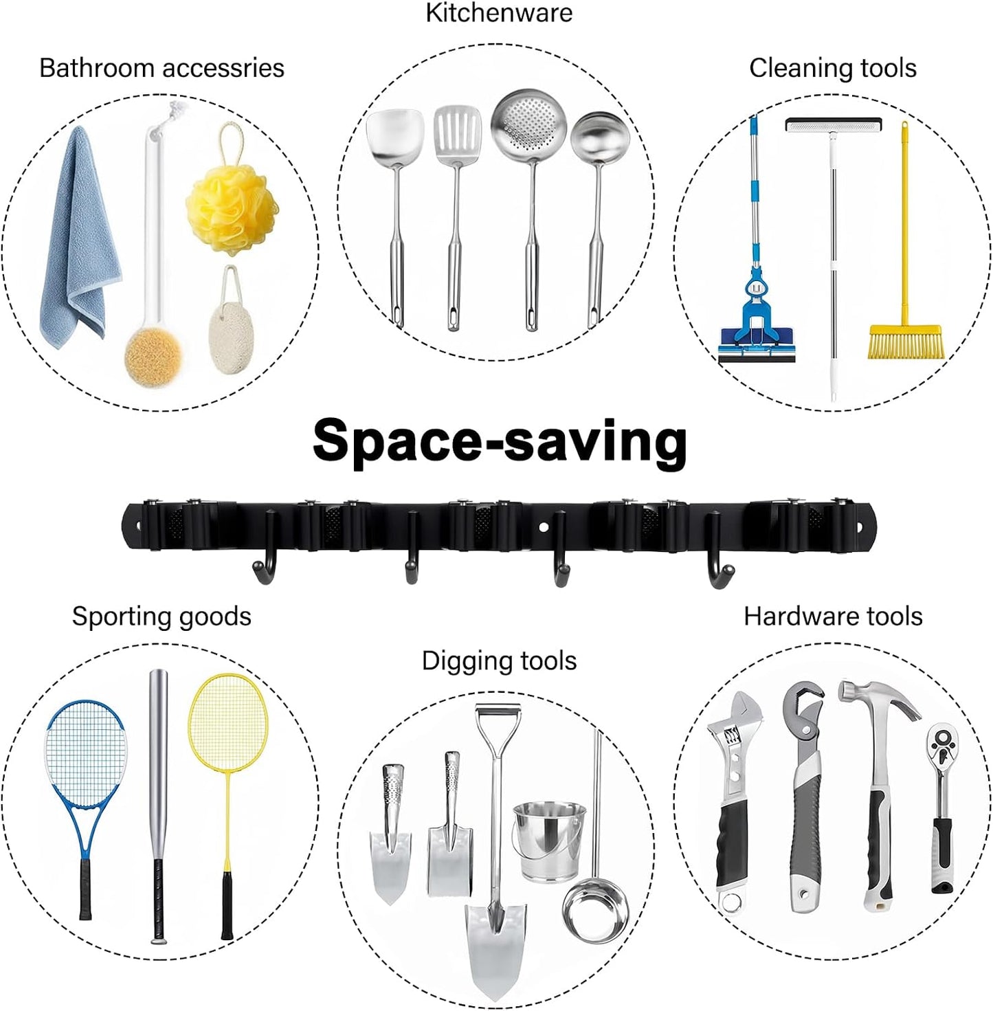 SUS304 5 Racks and 4 Hooks Mop and Broom Holder Wall Mount | Heavy Duty Self Adhesive Solid Non-slip Broom Organizer Storage Tool Racks for Home Kitchen Garden Laundry Garage