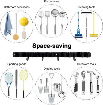 SUS304 5 Racks and 4 Hooks Mop and Broom Holder Wall Mount | Heavy Duty Self Adhesive Solid Non-slip Broom Organizer Storage Tool Racks for Home Kitchen Garden Laundry Garage