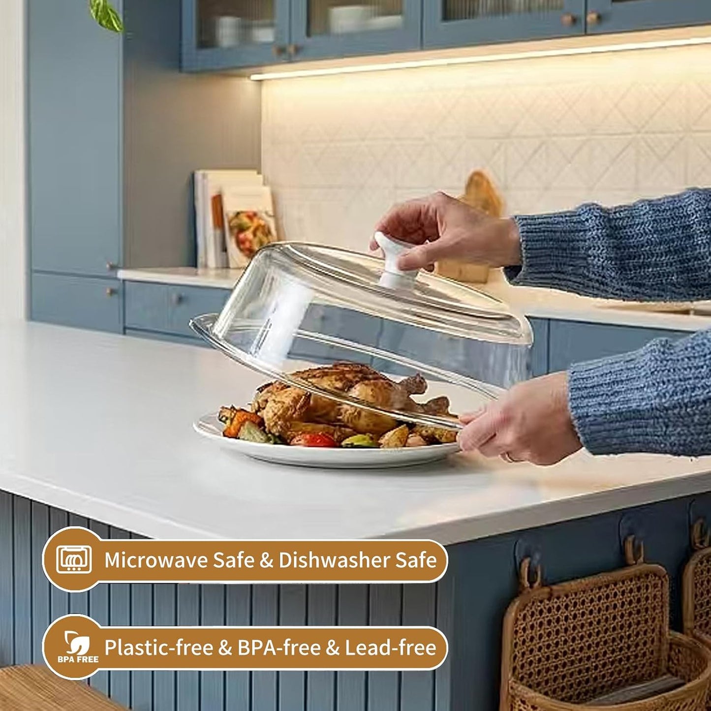 [Plastic-free] Glass Microwave Cover for Food with Ceramic Handle & Screw | BPA-Free Microwave Plate Cover with Steam Vent, Food-Grade, Dishwasher Safe, Fits Most Plates
