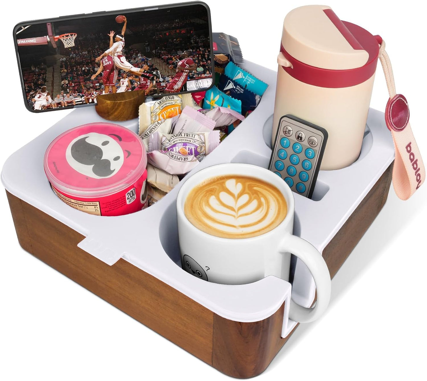 Couch Cup Holder Tray, Real Acacia Wooden Caddy with Soft Silicone, Snack and Drink Organizer- Perfect Movie Night Accessories for Bed, Remote and Cup Holders for Sofa (Black)