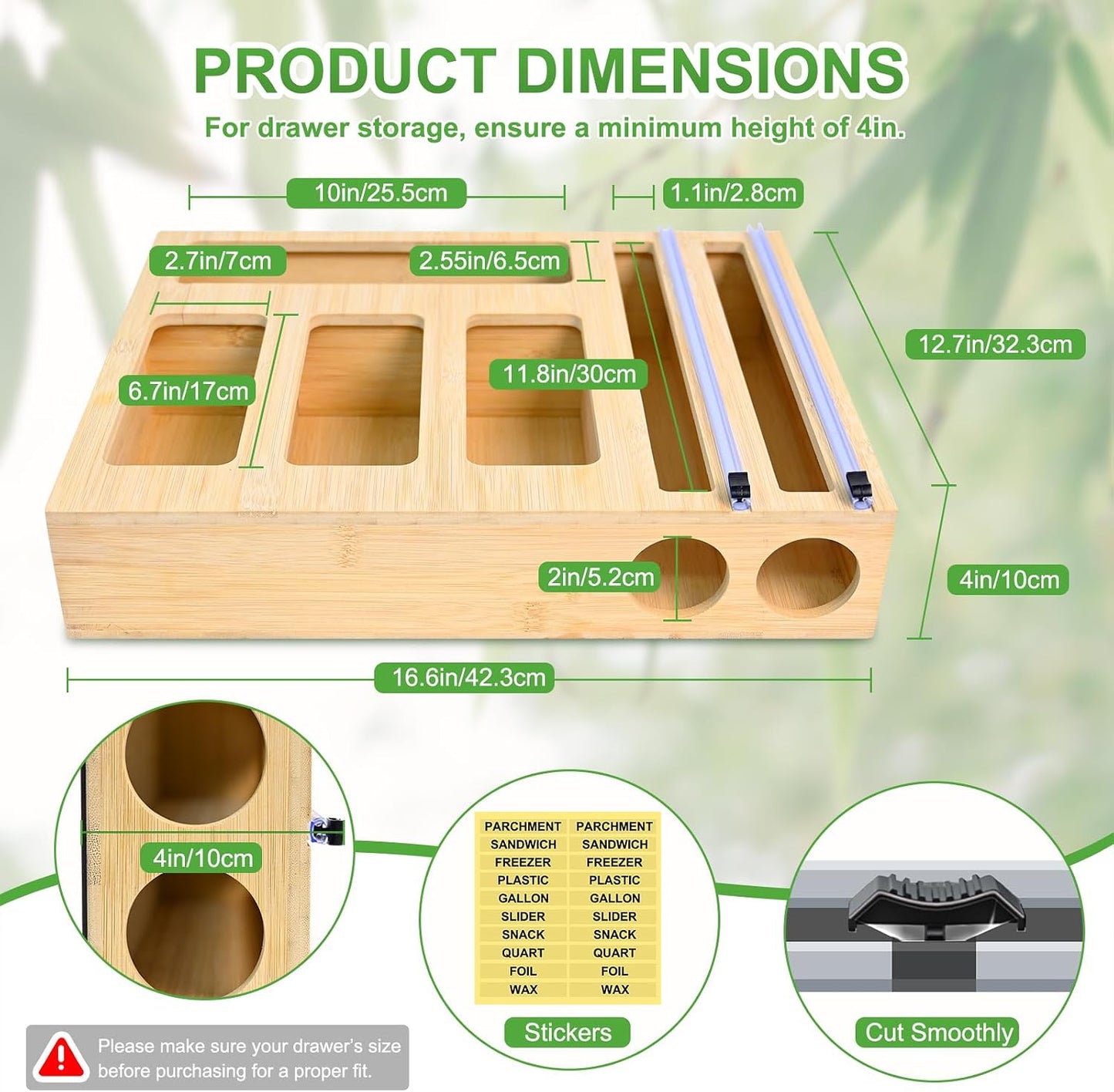 MSJGA Magnetic Plastic Wrap Dispenser with Cutter for Drawer&Refrigerator | 3 in 1 Fridge Bamboo Organizer for Tin Foil, Baking Paper, Wax Paper Holder Kitchen Storage Box Compatible,13" x 8.2" x 2.7"