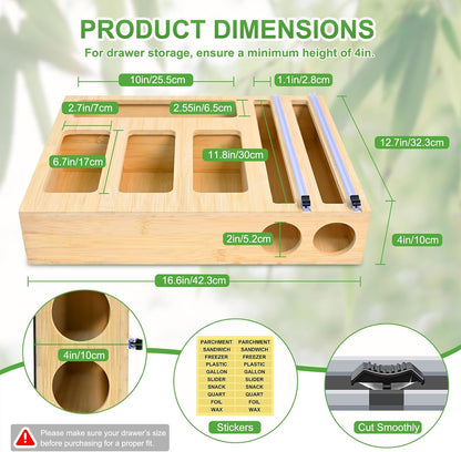MSJGA Magnetic Plastic Wrap Dispenser with Cutter for Drawer&Refrigerator | 3 in 1 Fridge Bamboo Organizer for Tin Foil, Baking Paper, Wax Paper Holder Kitchen Storage Box Compatible,13" x 8.2" x 2.7"