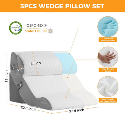 Ruqmuis 3PCS Wedge Pillow Set for After Surgery, Adjustable Back Pillow for Bed Sitting up, Acid Reflux, Bed Wedge Pillow Headboard for Sleeping & Snoring, Orthopedic Pillow for Post Surgery, White