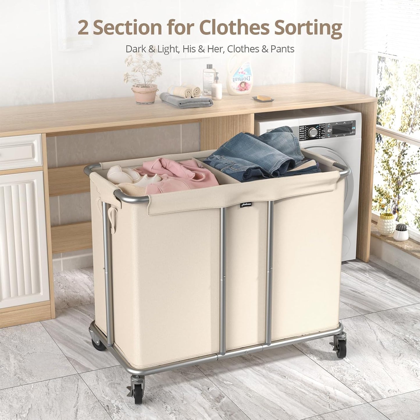Hodonas Rolling Laundry Hamper 2-Section, Beige, 31.5"Lx15.75W"x30.7"H | 230L(61Gal) Storage Capacity, with Metal Structure, Removable Liner, and Silent Casters, Sturdy Clothes Hamper for Home