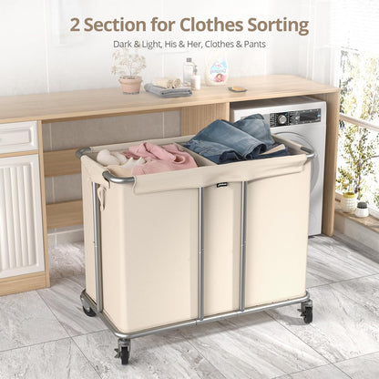 Hodonas Rolling Laundry Hamper 2-Section, Beige, 31.5"Lx15.75W"x30.7"H | 230L(61Gal) Storage Capacity, with Metal Structure, Removable Liner, and Silent Casters, Sturdy Clothes Hamper for Home