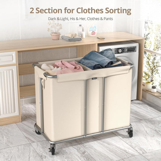 Hodonas Rolling Laundry Hamper 2-Section, Beige, 31.5"Lx15.75W"x30.7"H | 230L(61Gal) Storage Capacity, with Metal Structure, Removable Liner, and Silent Casters, Sturdy Clothes Hamper for Home