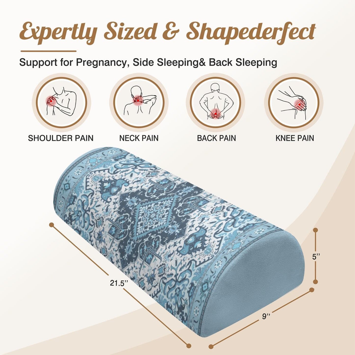 Knee Pillow for Back Sleeping – Half Moon Bolster Pillow for Legs,Under Knee While Sleeping Support, Leg & Back Pain Relief (21.5x9x5 Inches),Machine Washable Cover