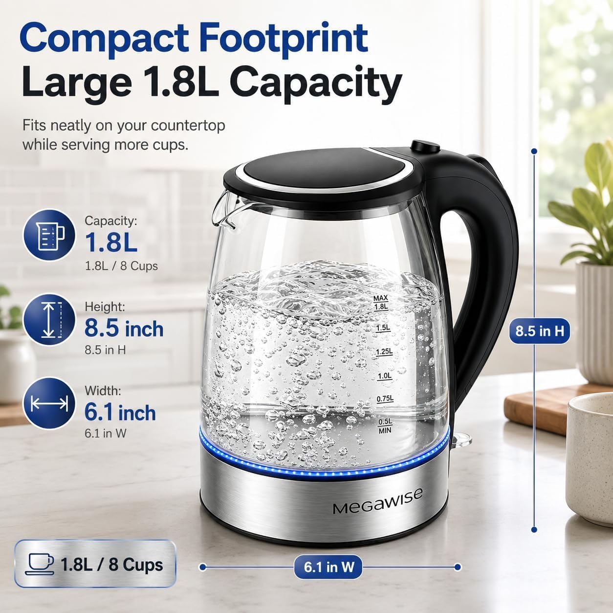 MEGAWISE 1.8L Healthy Electric Kettle, 1800W Borosilicate Glass Tea Kettle with Food Grade Material, Auto Shut-Off and Boil-Dry Protection Cordless Kettle Fast Boiling, BPA Free
